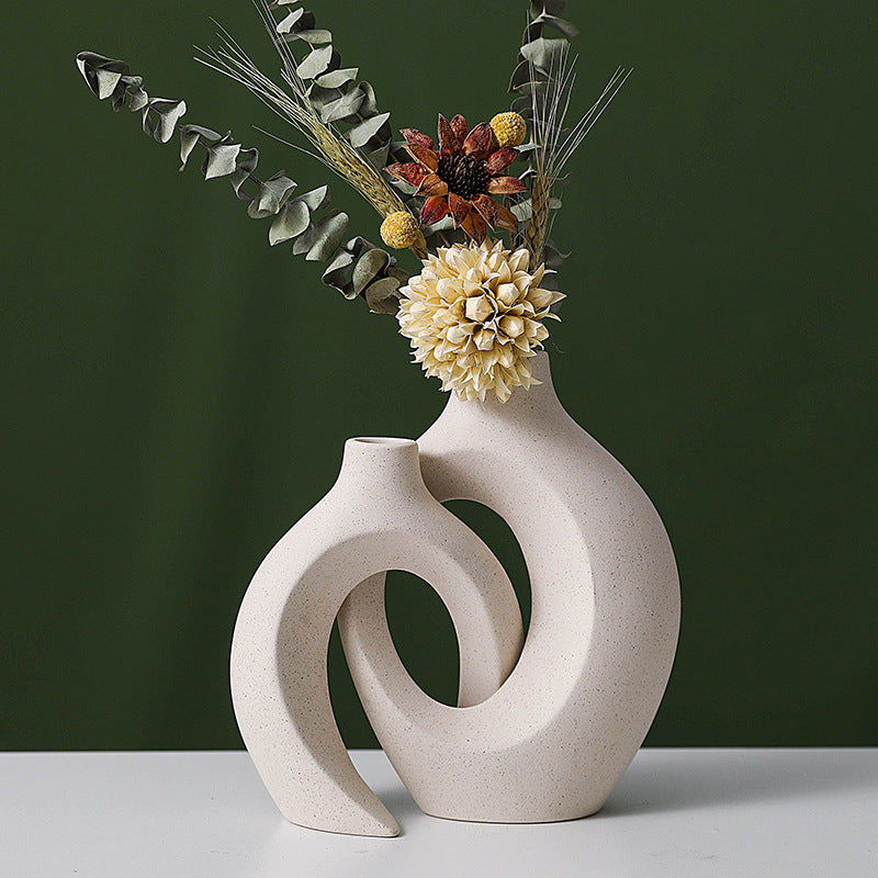 Snuggle Hollow Ceramic Vase Set of 2, Nordic Modern Boho ins Style Decorative Ceramic Aesthetic Flower Vase for Home Decor (Milky White W 6.3" X H 8.4")