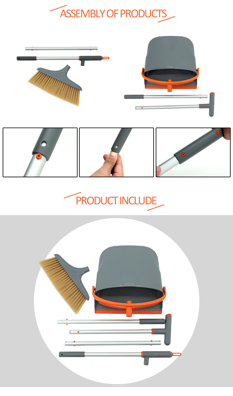 Broom and Dustpan Set for Home, Broom and Dustpan Combo for Office, Long Handle Broom with Upright Standing Dust pan,Indoor&Outdoor Sweeping (Gray&Orange)