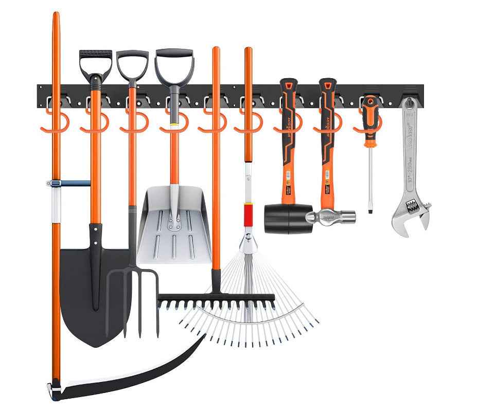 IMILLET 2 Pack Mop and Broom Holder, Wall Mounted Organizer Mop and Broom Storage Tool Rack with 5 Ball Slots and 6 Hooks (Black)