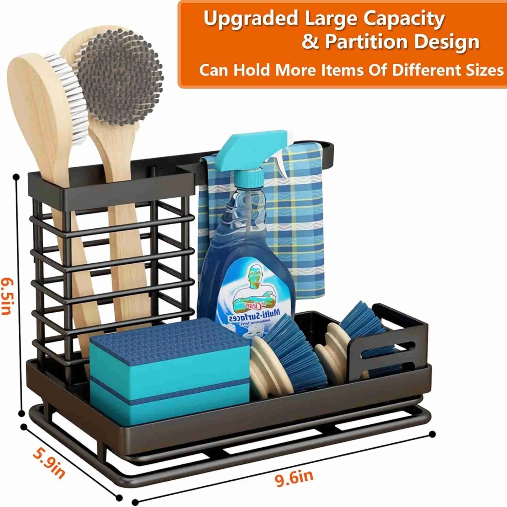 Cisily Black Sponge Holder for Kitchen Sink, Sink Caddy Organizer with High Brush Holder, Kitchen Countertop Organizers and Storage Essentials, Rustproof 304 Stainless Steel, Soap Dispenser Organize