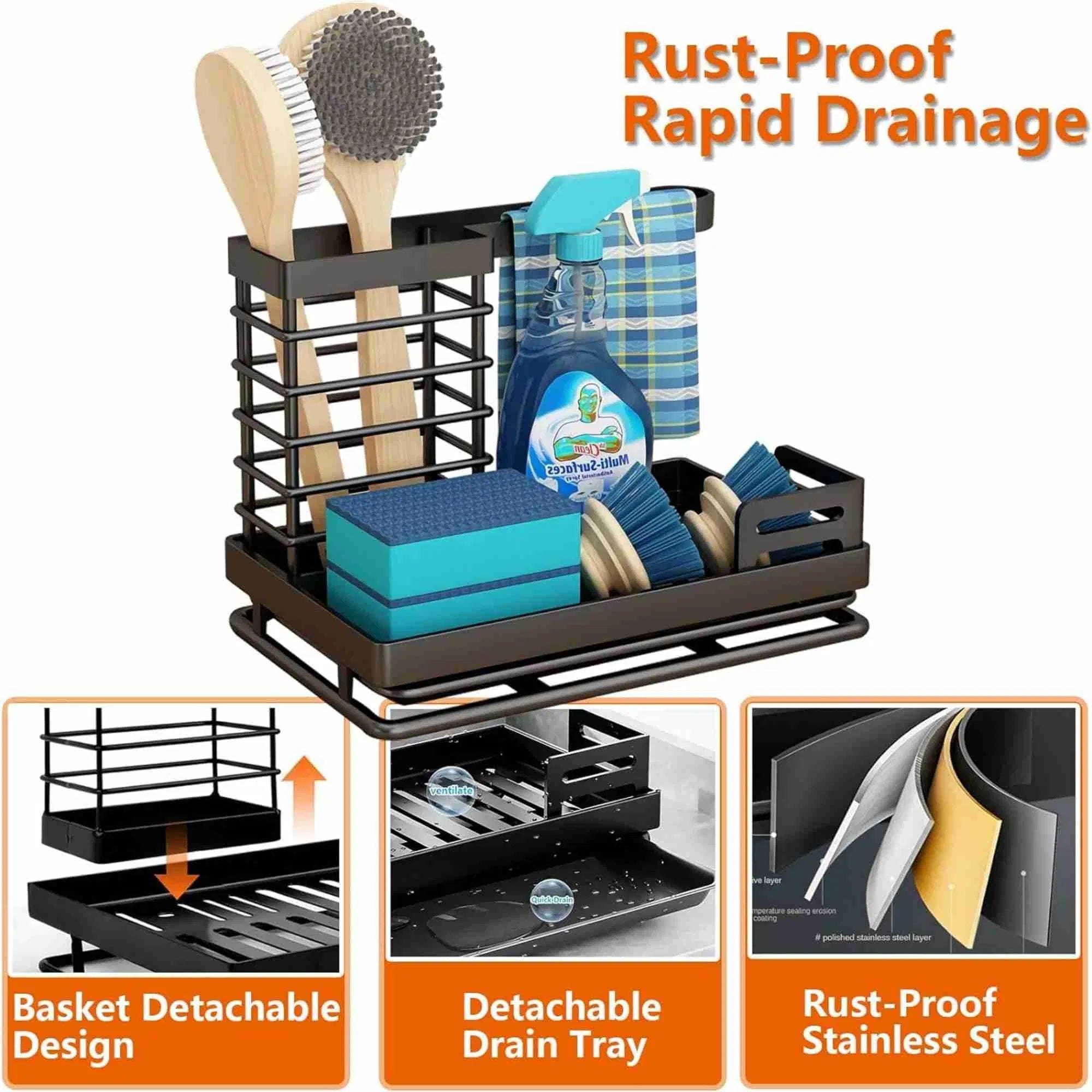 Cisily Black Sponge Holder for Kitchen Sink, Sink Caddy Organizer with High Brush Holder, Kitchen Countertop Organizers and Storage Essentials, Rustproof 304 Stainless Steel, Soap Dispenser Organize