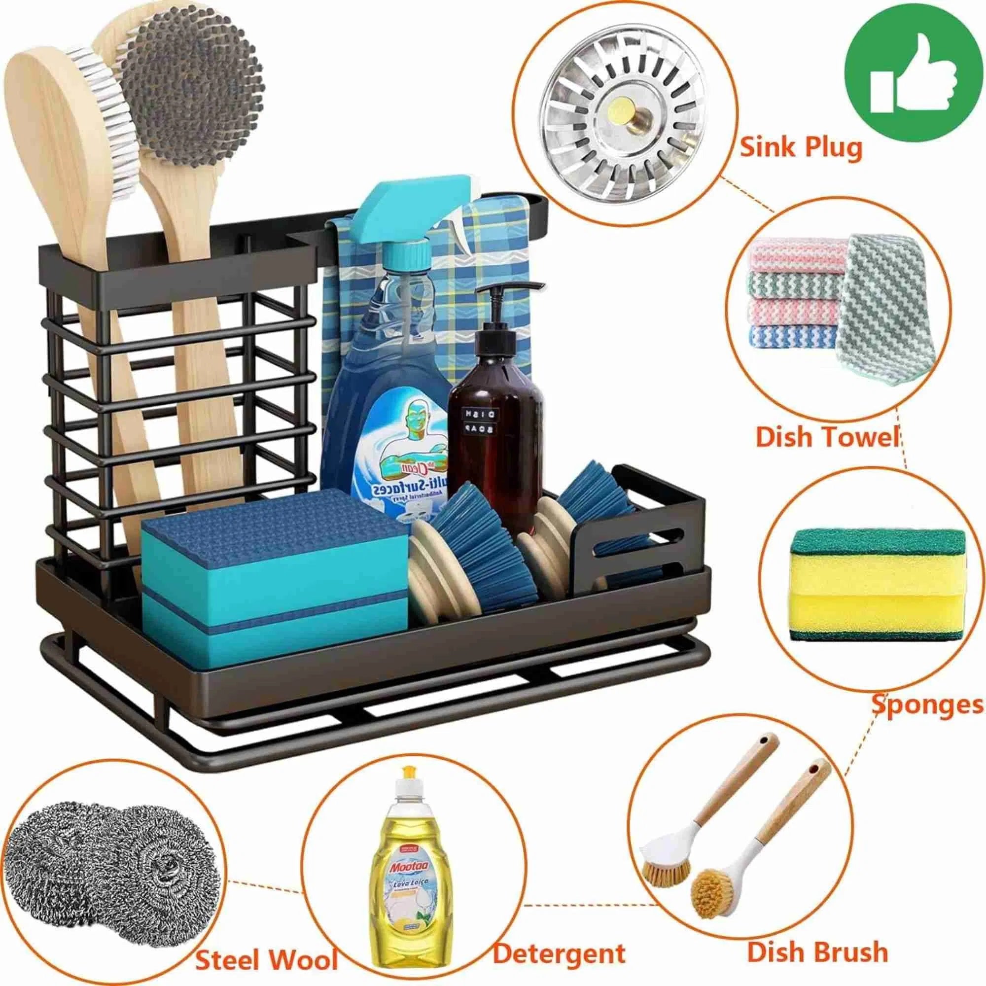 Cisily Black Sponge Holder for Kitchen Sink, Sink Caddy Organizer with High Brush Holder, Kitchen Countertop Organizers and Storage Essentials, Rustproof 304 Stainless Steel, Soap Dispenser Organize