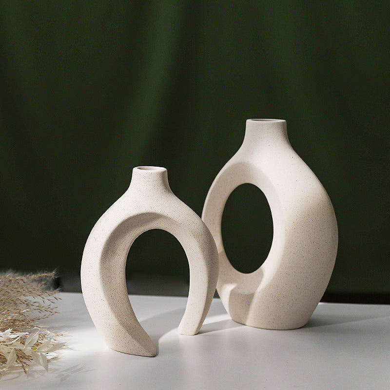 Snuggle Hollow Ceramic Vase Set of 2, Nordic Modern Boho ins Style Decorative Ceramic Aesthetic Flower Vase for Home Decor (Milky White W 6.3" X H 8.4")