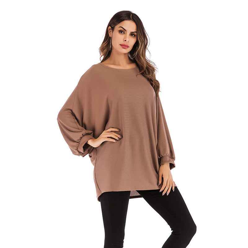 Autumn Fashion European And American Style Women's Large Size Long-sleeved T-shirt Solid Color Round Neck Top For Women