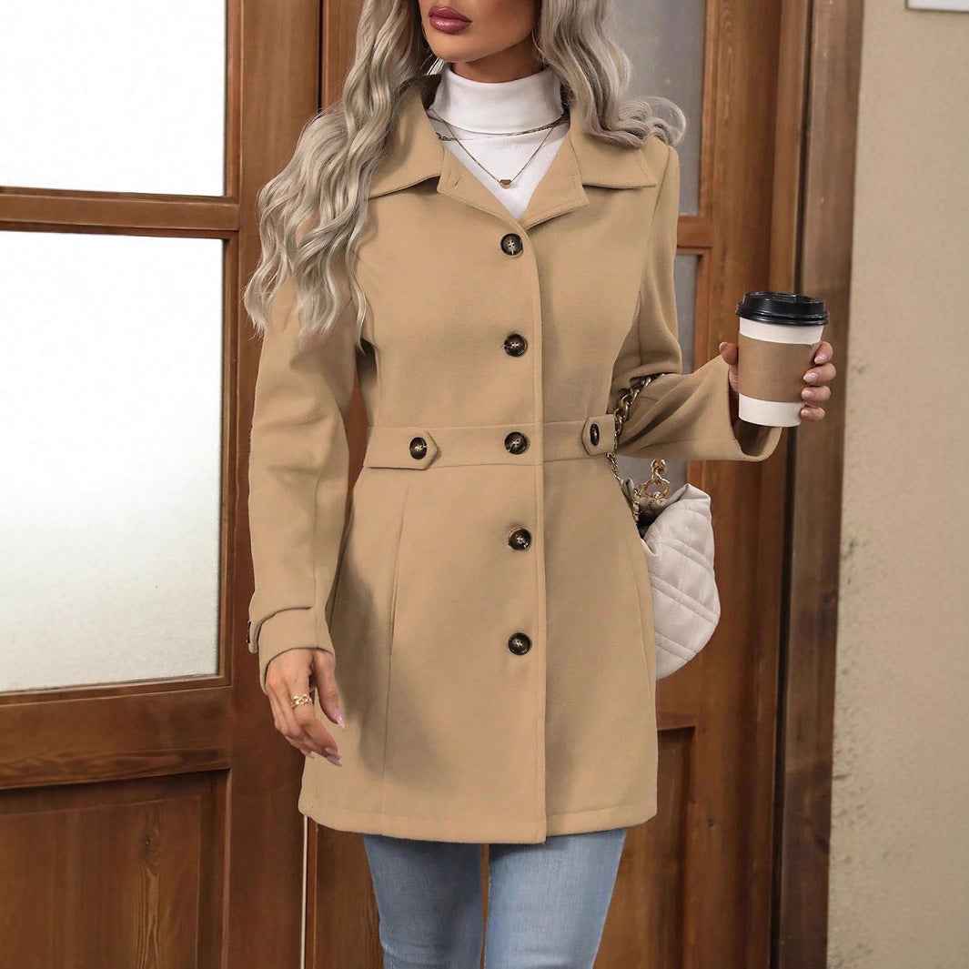 Elegant Single-breasted Woolen Coat Buttons Lapel Mid-length Jacket Temperament Commuter Outwear Clothing For Women