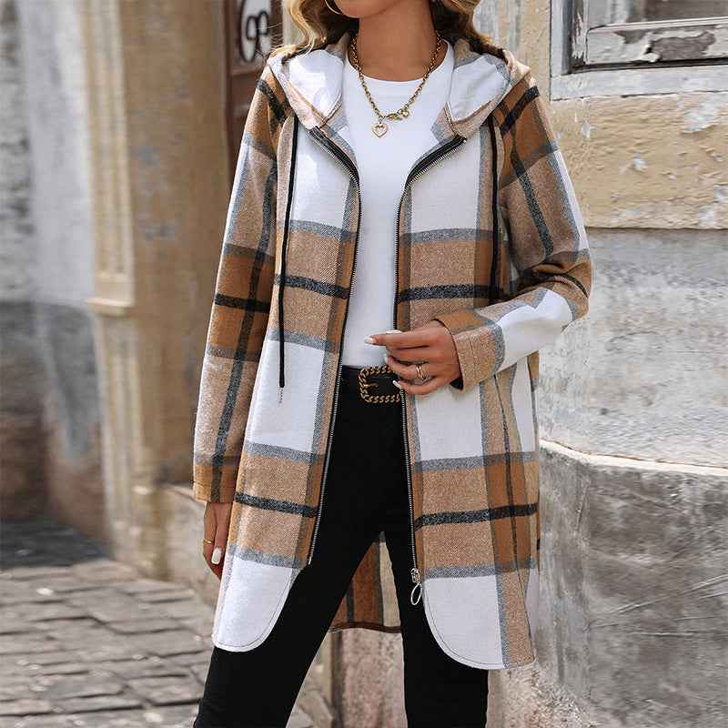 Women's Plaid Loose-fitting Casual Hooded Coat