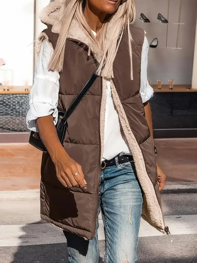 European And American Solid Color Hooded Cotton Jacket Vest Double-sided Wear Slim Elegant Cardigan Coat