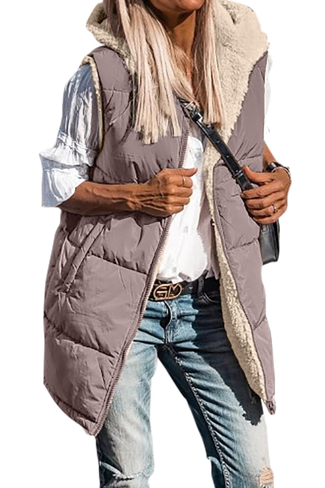 European And American Solid Color Hooded Cotton Jacket Vest Double-sided Wear Slim Elegant Cardigan Coat
