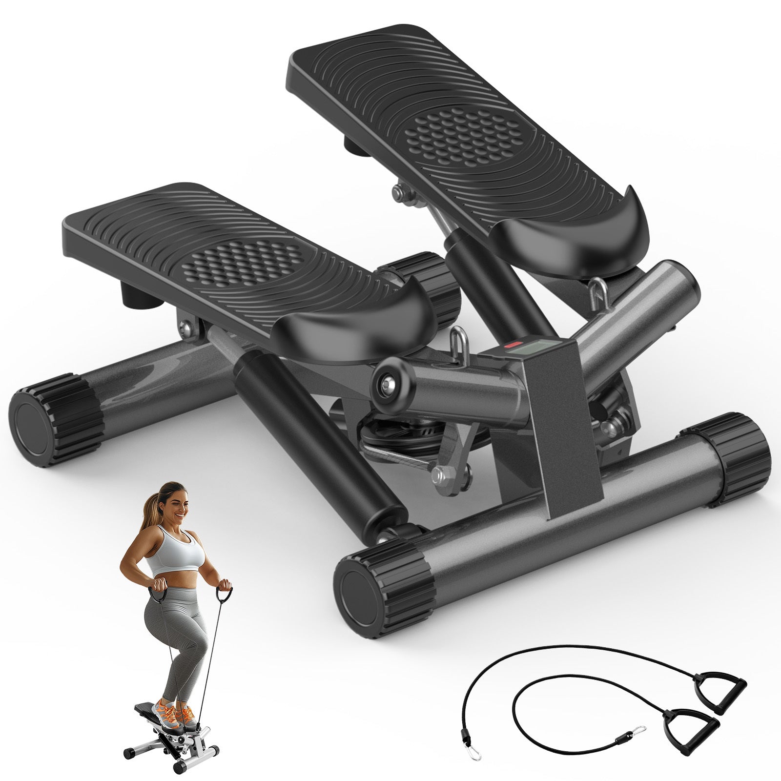 Steppers for Exercise, Stair Stepper with Resistance Bands, Mini Stepper with 300LBS Loading Capacity, Hydraulic Fitness Stepper with LCD Monitor