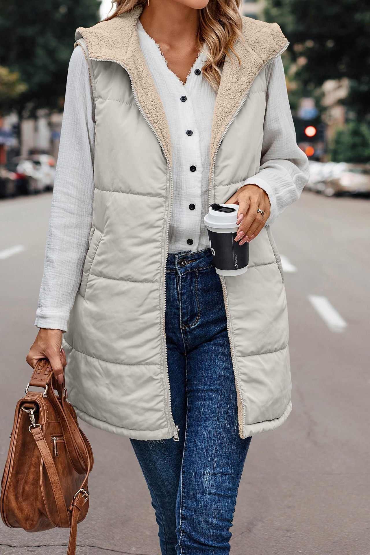 European And American Solid Color Hooded Cotton Jacket Vest Double-sided Wear Slim Elegant Cardigan Coat