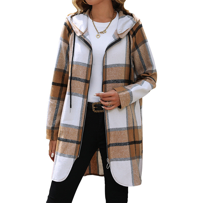 Women's Plaid Loose-fitting Casual Hooded Coat