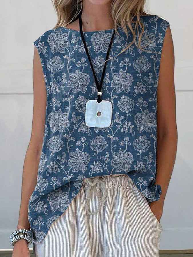 European And American Floral Cotton Linen Vest