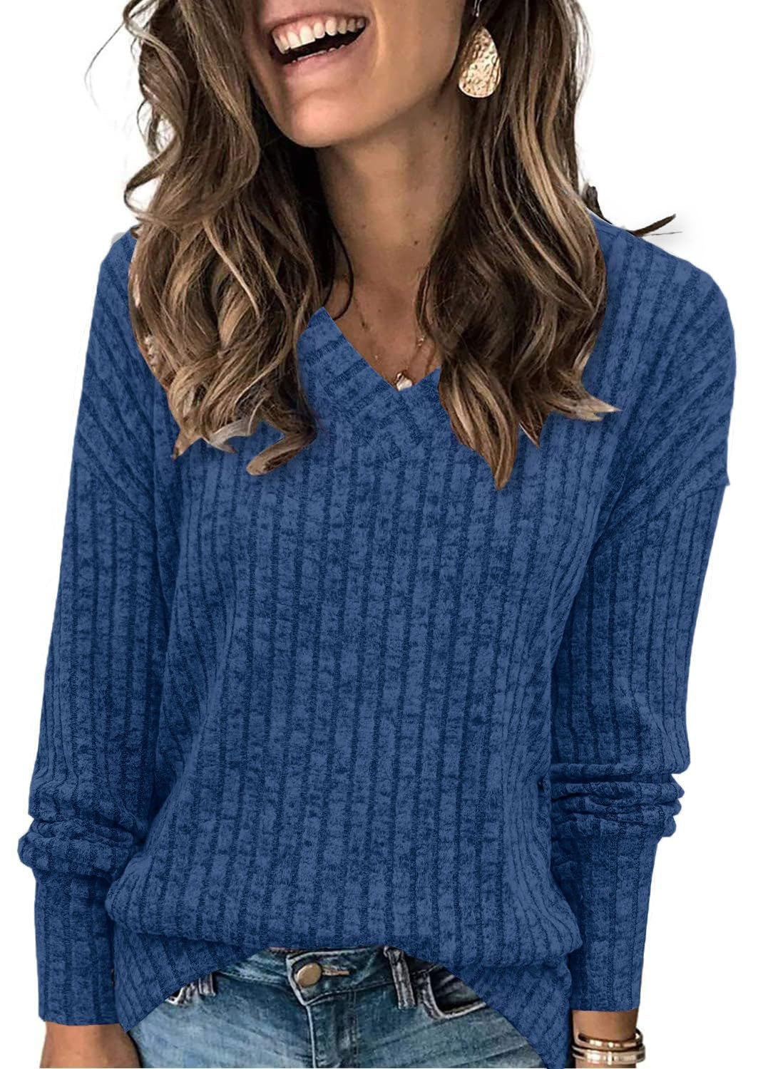 Top V-neck Long Sleeve Sunken Stripe Brushed T-shirt