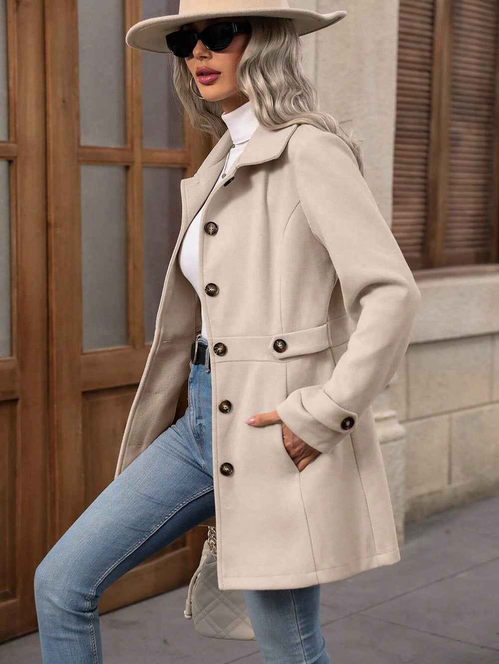 Elegant Single-breasted Woolen Coat Buttons Lapel Mid-length Jacket Temperament Commuter Outwear Clothing For Women