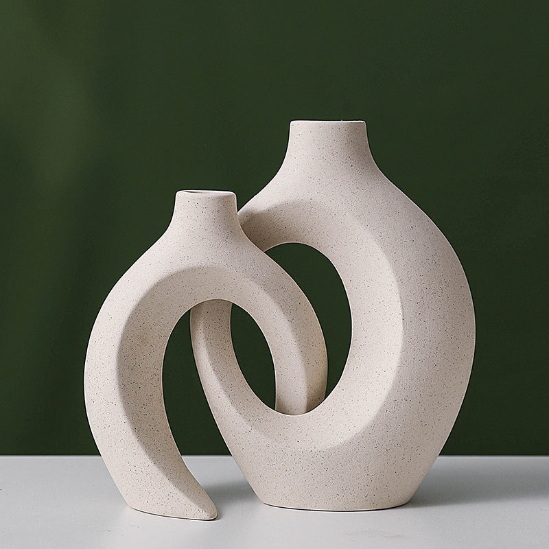 Snuggle Hollow Ceramic Vase Set of 2, Nordic Modern Boho ins Style Decorative Ceramic Aesthetic Flower Vase for Home Decor (Milky White W 6.3" X H 8.4")